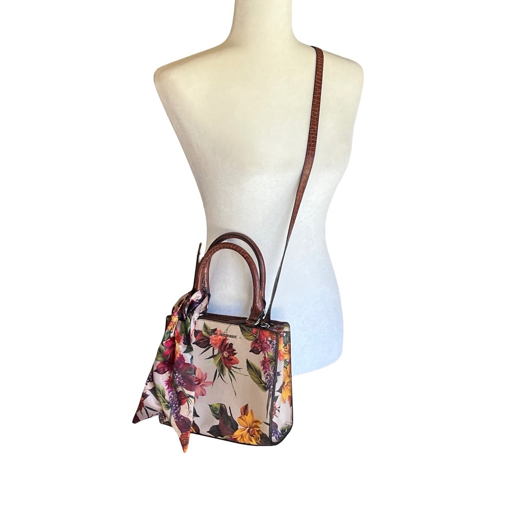 Dana Buchman Floral Satchel Tote Handbag Brown Croc-Trim Crossbody Bag w Scarf